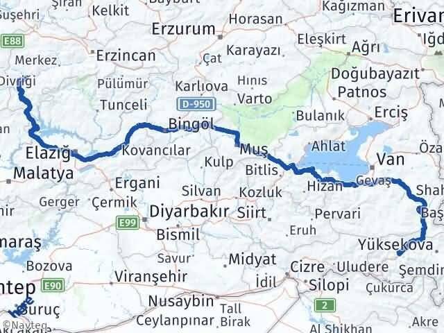 Hakkari İliç Erzincan Arası Kaç Km - Yol Haritası