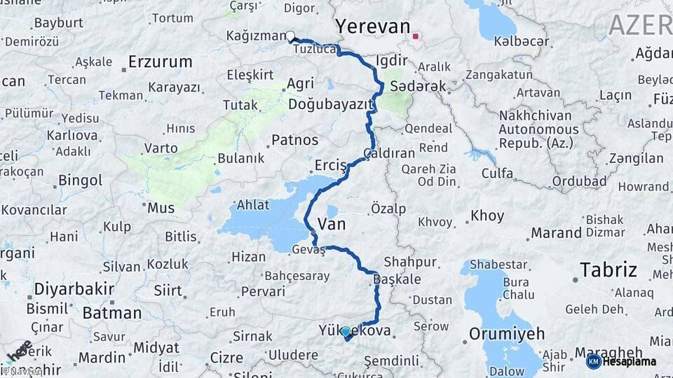 Hakkari Kağızman Kars Arası Kaç Km - Yol Haritası