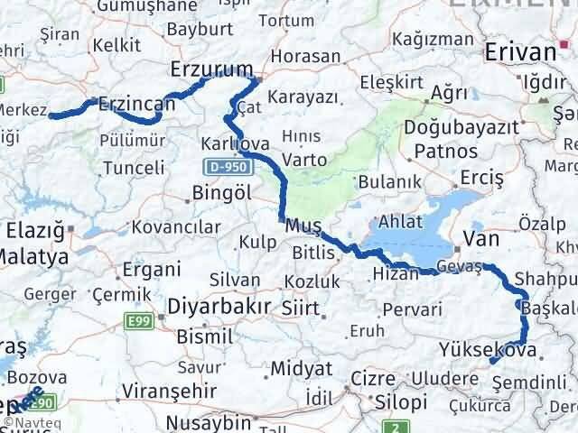 Hakkari Kemah Erzincan Arası Kaç Km - Yol Haritası