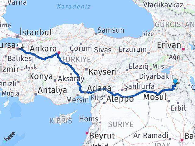Hakkari Kestel Bursa Arası Kaç Km - Yol Haritası