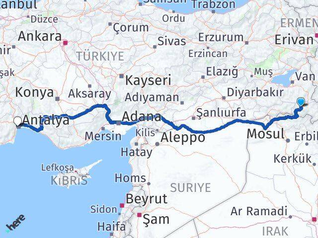 Hakkari Konyaaltı Antalya Arası Kaç Km - Yol Haritası