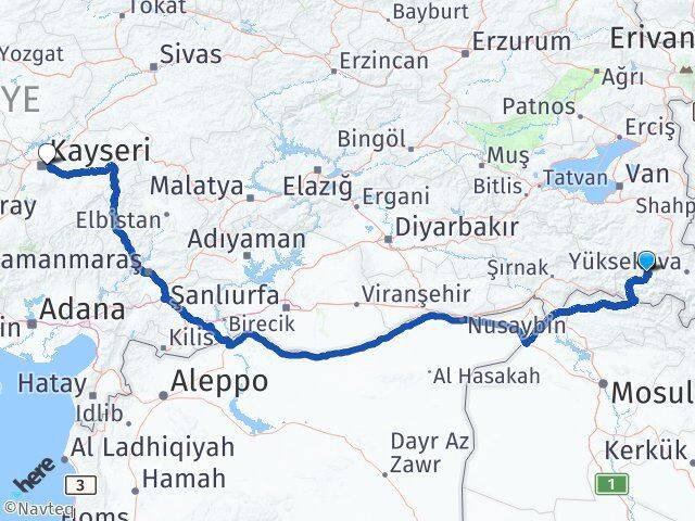 Hakkari Melikgazi Kayseri Arası Kaç Km - Yol Haritası