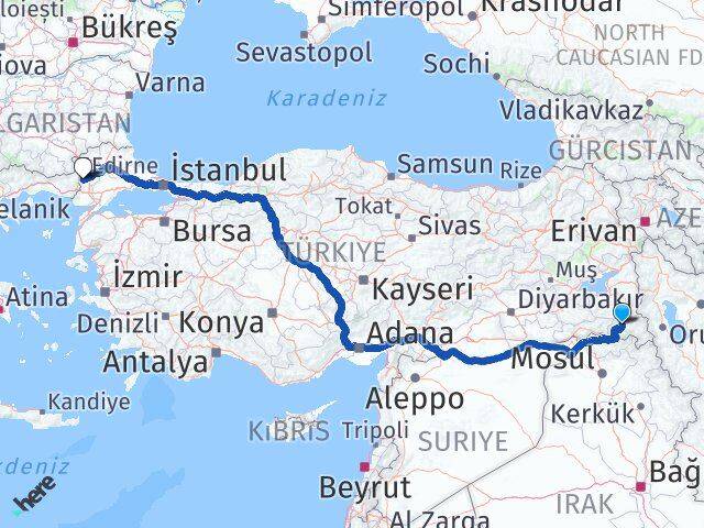 Hakkari Meriç Edirne Arası Kaç Km - Yol Haritası