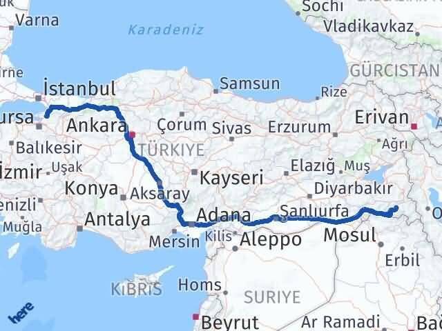 Hakkari Orhangazi Bursa Arası Kaç Km - Yol Haritası