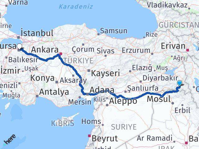 Hakkari Osmangazi Bursa Arası Kaç Km - Yol Haritası