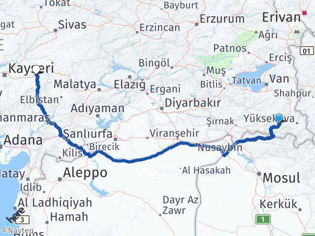 Hakkari Pınarbaşı Kayseri Arası Kaç Km - Yol Haritası
