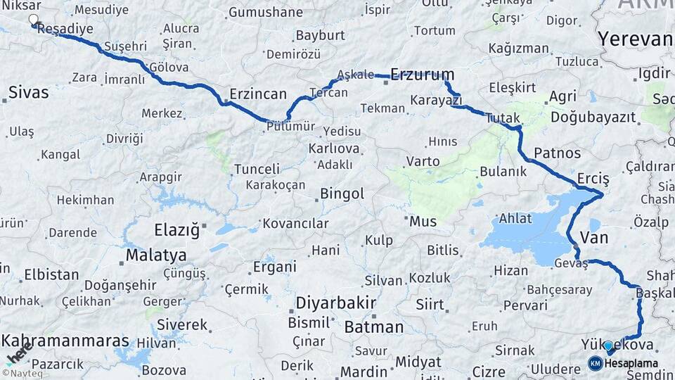 Hakkari Reşadiye Tokat Arası Kaç Km - Yol Haritası