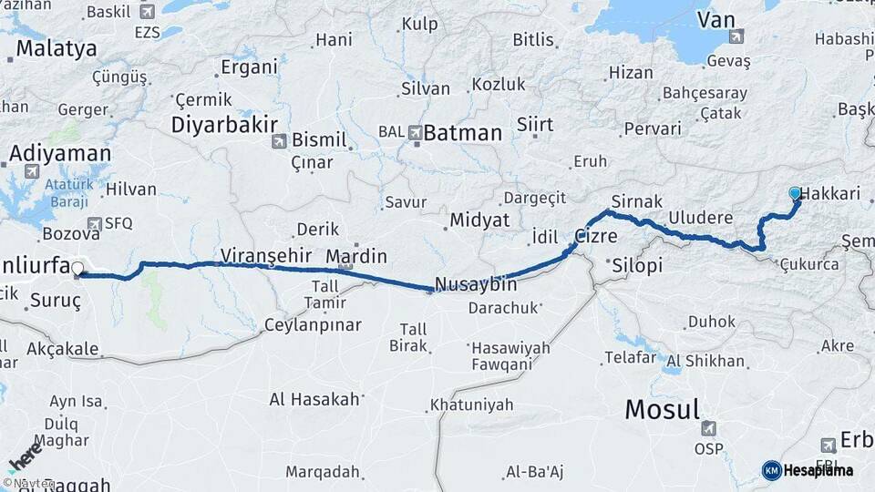 Hakkari Şanlıurfa Arası Kaç Km - Yol Haritası