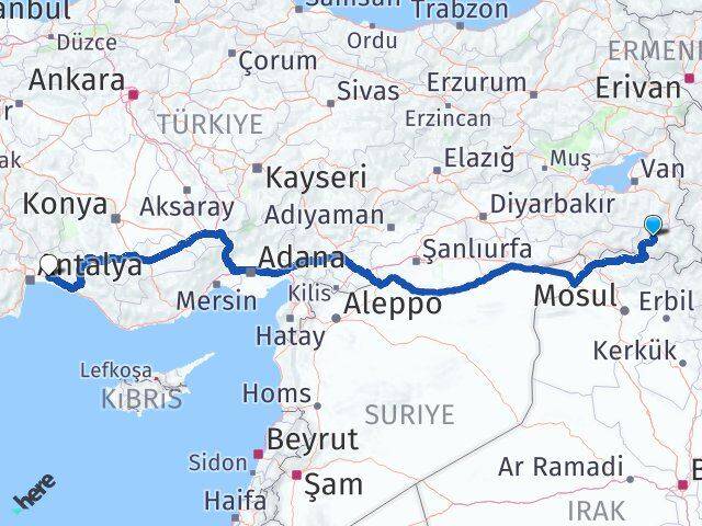 Hakkari Serik Antalya Arası Kaç Km - Yol Haritası