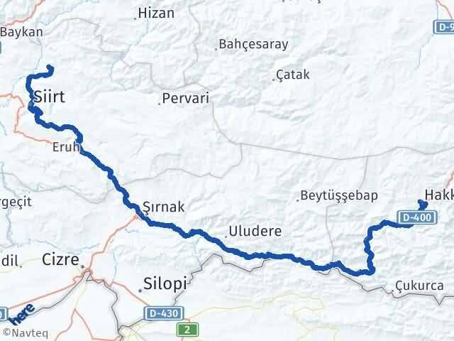 Hakkari Şirvan Siirt Arası Kaç Km - Yol Haritası