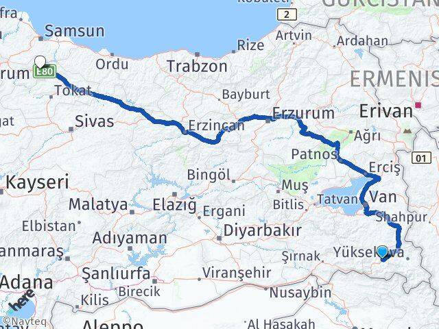 Hakkari Taşova Amasya Arası Kaç Km - Yol Haritası