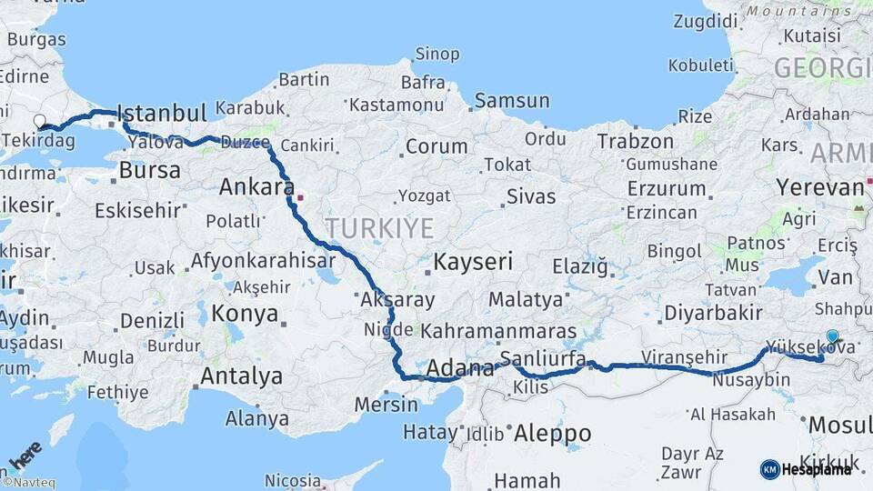 Hakkari Tekirdağ Arası Kaç Km - Yol Haritası