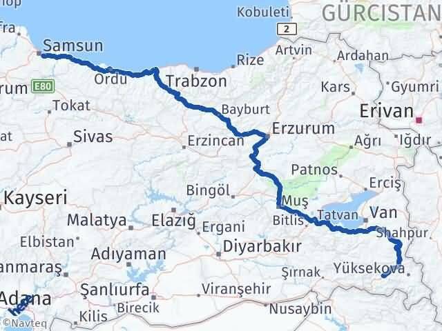 Hakkari Tekkeköy Samsun Arası Kaç Km - Yol Haritası