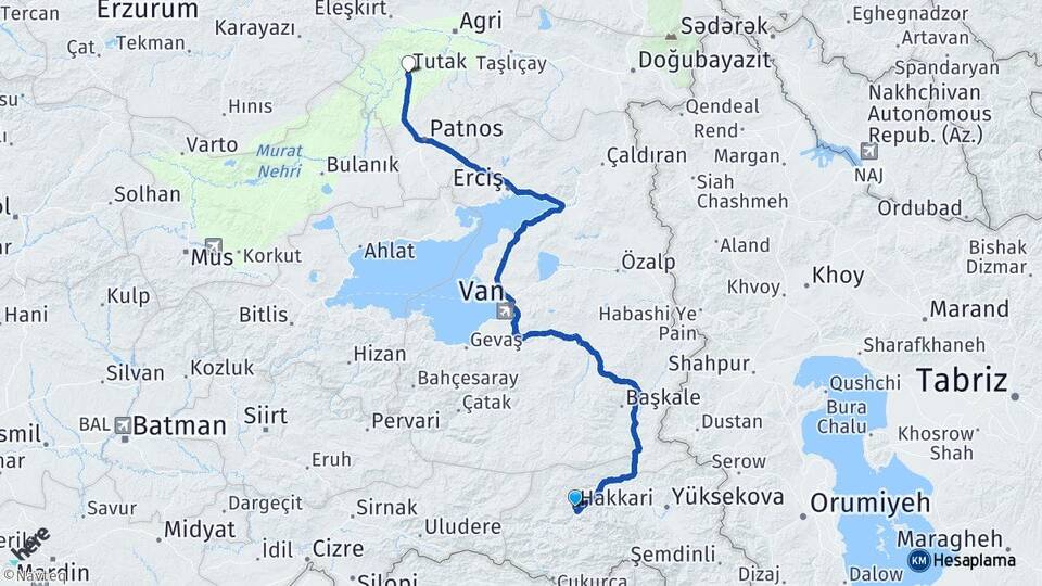 Hakkari Tutak Ağrı Arası Kaç Km - Yol Haritası