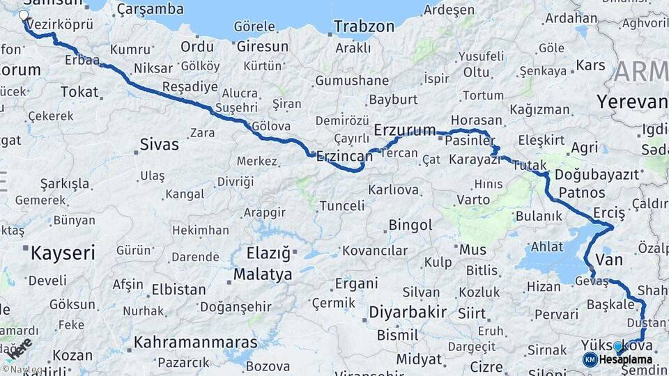 Hakkari Vezirköprü Samsun Arası Kaç Km - Yol Haritası