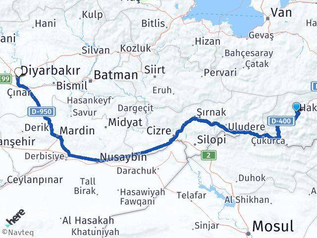 Hakkari Yenişehir Diyarbakır Arası Kaç Km - Yol Haritası