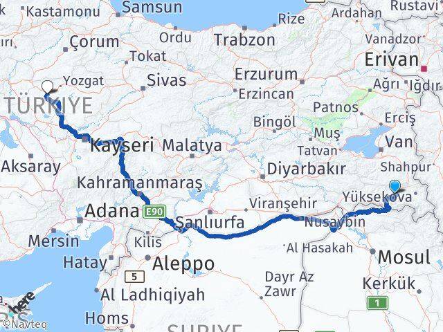 Hakkari Yerköy Yozgat Arası Kaç Km - Yol Haritası