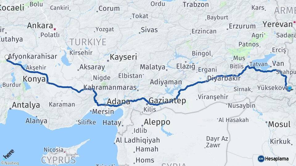Hakkari Yüksekova Afyonkarahisar Arası Kaç Km - Yol Haritası
