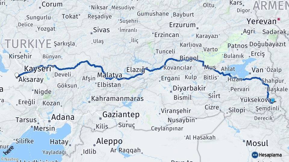 Hakkari Yüksekova Aksaray Arası Kaç Km - Yol Haritası