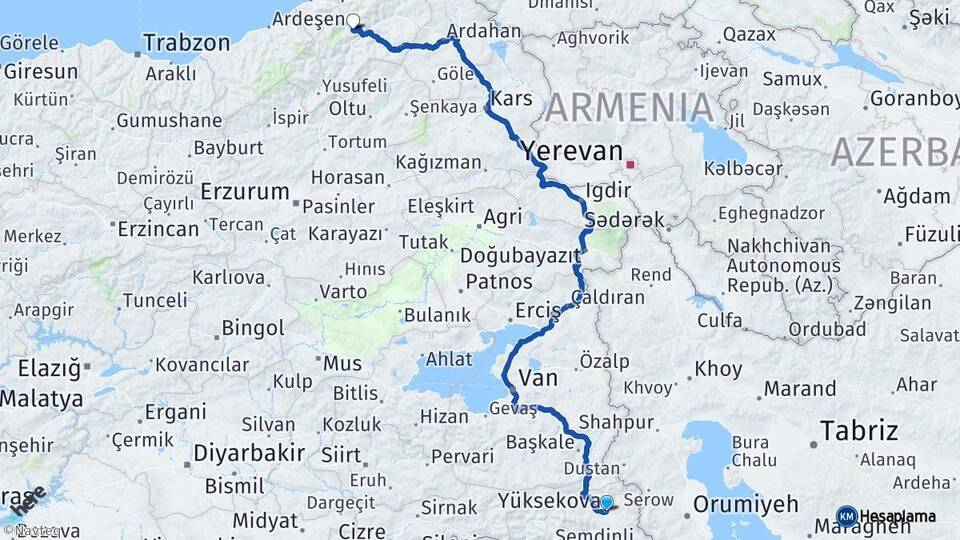 Hakkari Yüksekova Artvin Arası Kaç Km - Yol Haritası