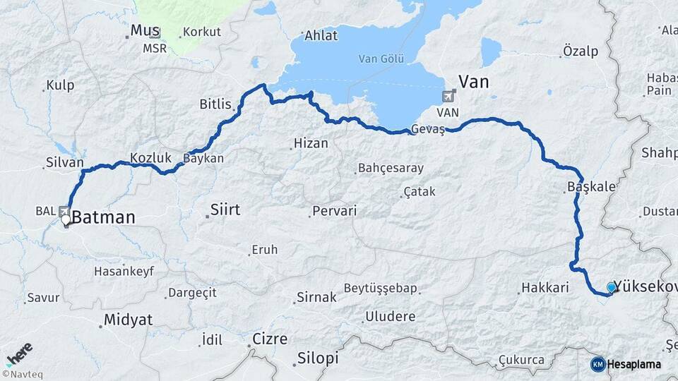 Hakkari Yüksekova Batman Arası Kaç Km - Yol Haritası