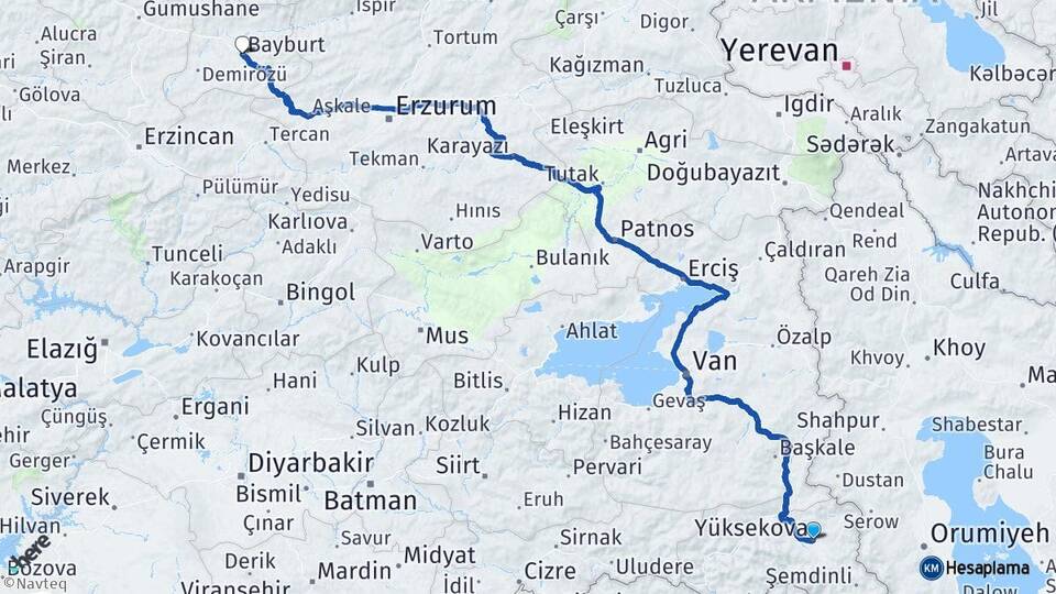 Hakkari Yüksekova Bayburt Arası Kaç Km - Yol Haritası