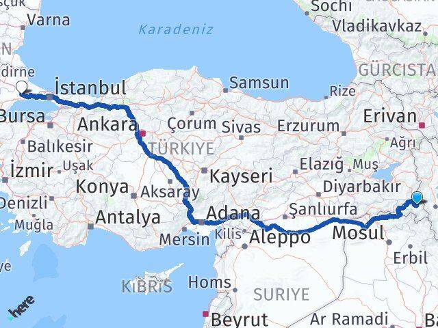 Hakkari Yüksekova Çorlu Tekirdağ Arası Kaç Km - Yol Haritası