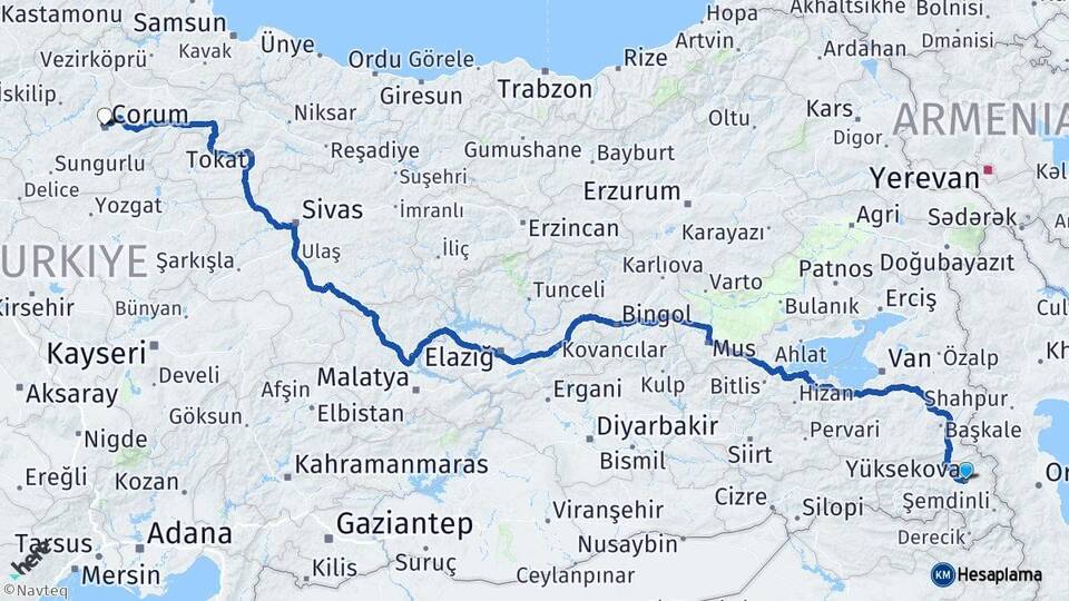 Hakkari Yüksekova Çorum Arası Kaç Km - Yol Haritası