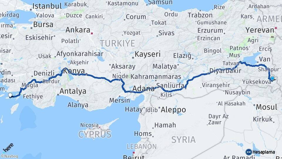 Hakkari Yüksekova Datça Muğla Arası Kaç Km - Yol Haritası