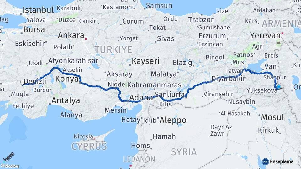Hakkari Yüksekova Denizli Arası Kaç Km - Yol Haritası