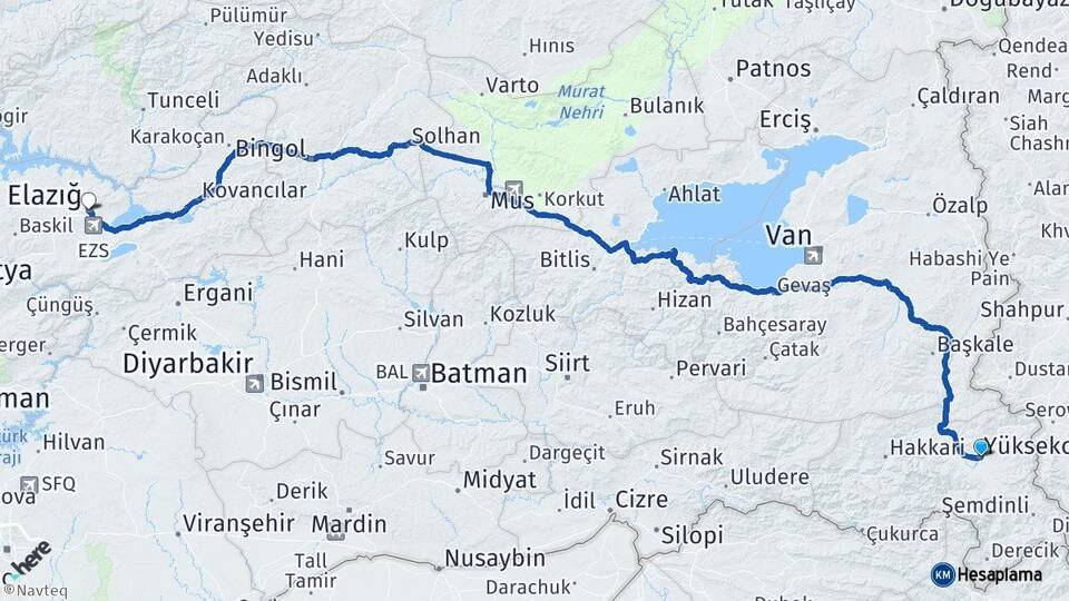 Hakkari Yüksekova Elazığ Arası Kaç Km - Yol Haritası