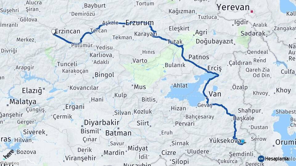 Hakkari Yüksekova Erzincan Arası Kaç Km - Yol Haritası