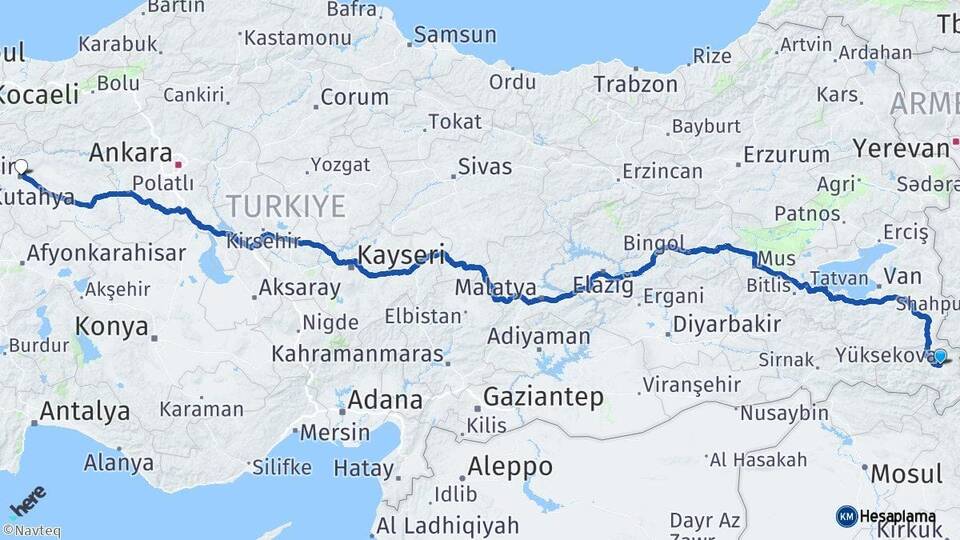 Hakkari Yüksekova Eskişehir Arası Kaç Km - Yol Haritası
