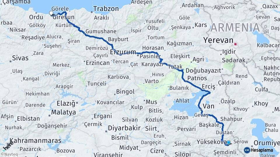 Hakkari Yüksekova Giresun Arası Kaç Km - Yol Haritası