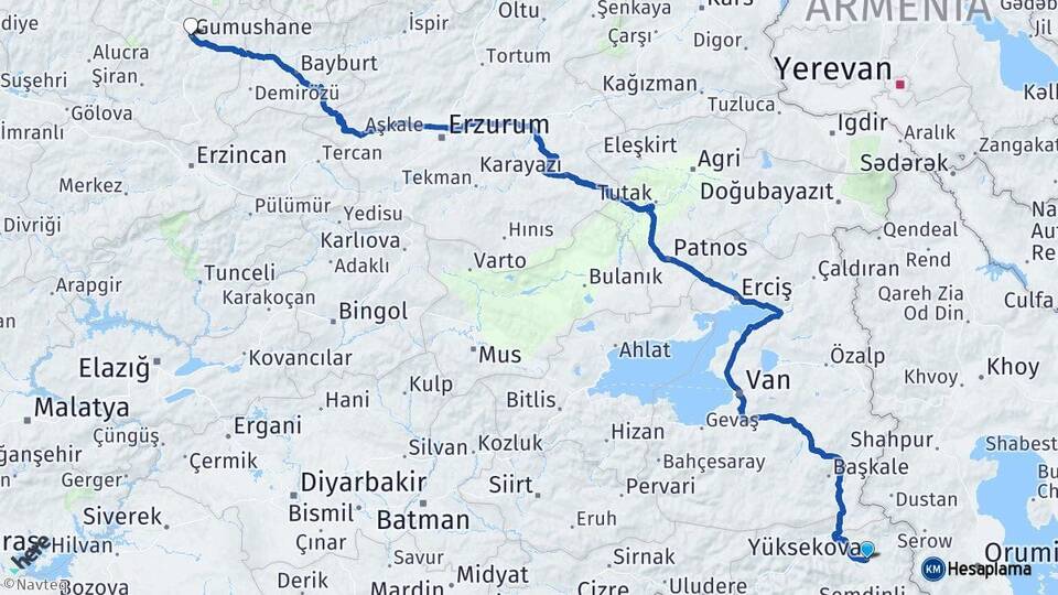 Hakkari Yüksekova Gümüşhane Arası Kaç Km - Yol Haritası