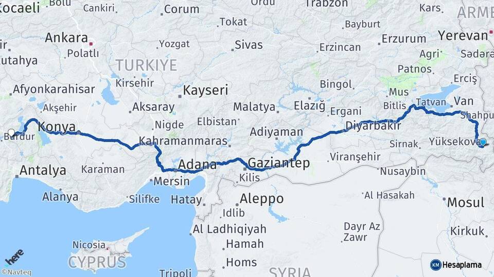 Hakkari Yüksekova Isparta Arası Kaç Km - Yol Haritası