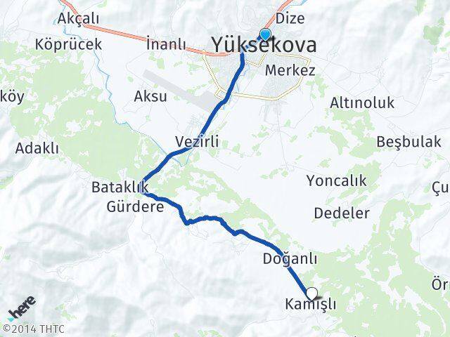 Hakkari Yüksekova Kamışlı Yüksekova Arası Kaç Km - Yol Haritası