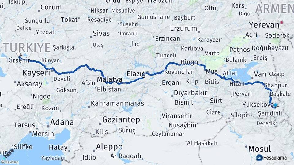 Hakkari Yüksekova Kırşehir Arası Kaç Km - Yol Haritası