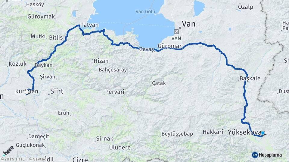 Hakkari Yüksekova Kurtalan Siirt Arası Kaç Km - Yol Haritası