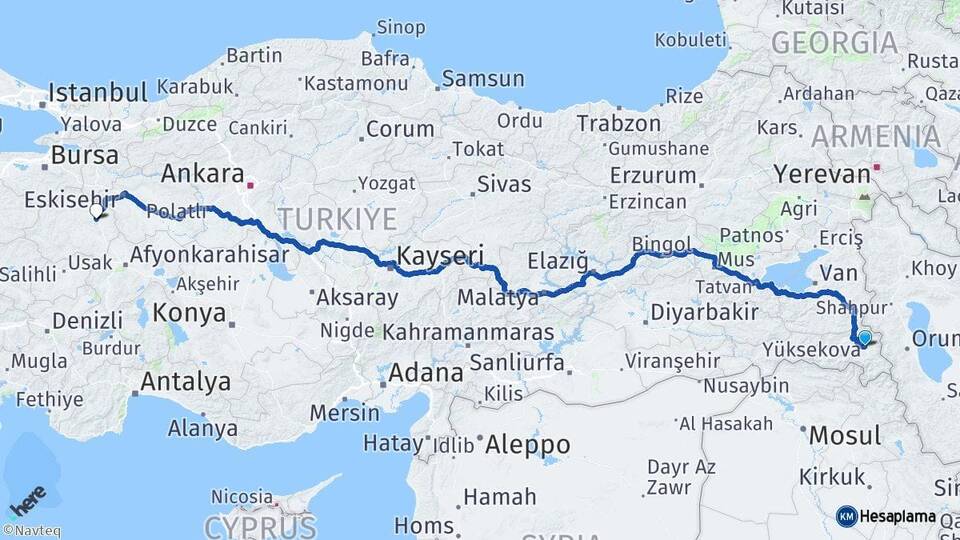 Hakkari Yüksekova Kütahya Arası Kaç Km - Yol Haritası