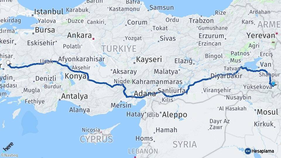 Hakkari Yüksekova Manisa Arası Kaç Km - Yol Haritası