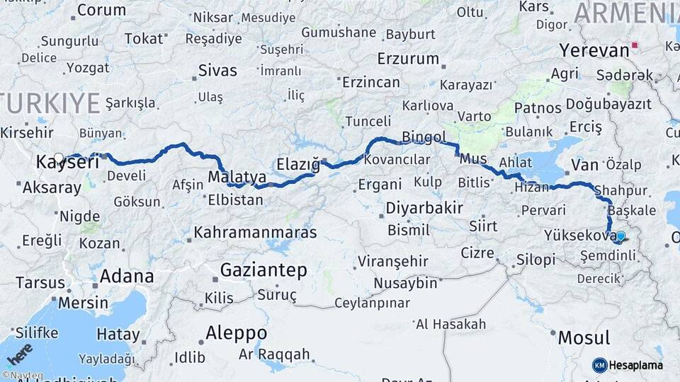 Hakkari Yüksekova Nevşehir Arası Kaç Km - Yol Haritası