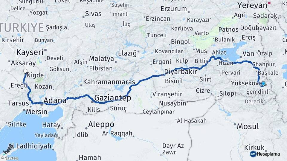 Hakkari Yüksekova Niğde Arası Kaç Km - Yol Haritası