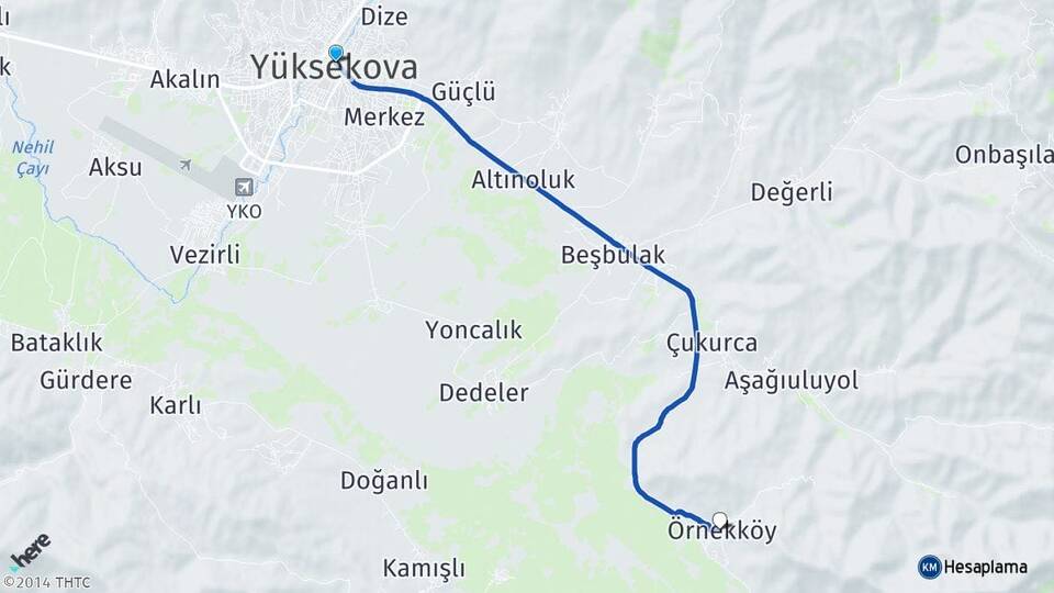 Hakkari Yüksekova Örnekköy Yüksekova Arası Kaç Km - Yol Haritası