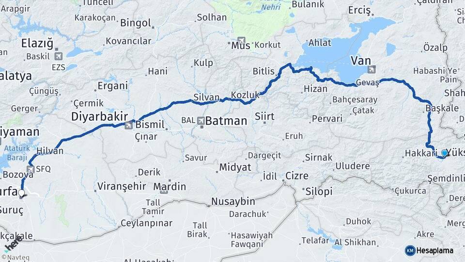 Hakkari Yüksekova Şanlıurfa Arası Kaç Km - Yol Haritası
