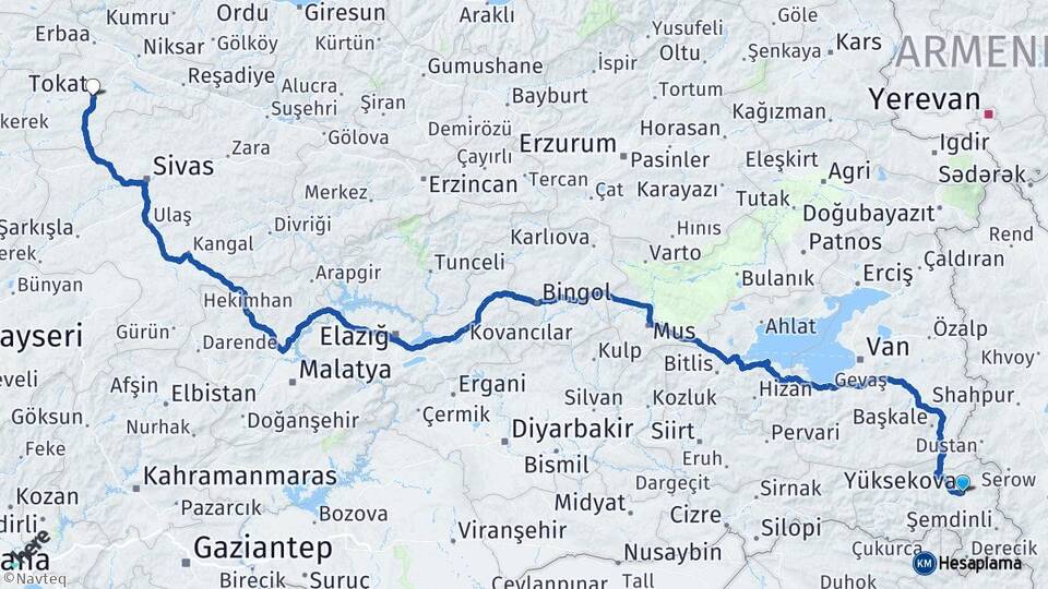 Hakkari Yüksekova Tokat Arası Kaç Km - Yol Haritası