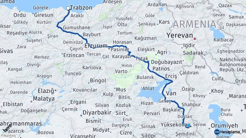 Hakkari Yüksekova Trabzon Arası Kaç Km - Yol Haritası