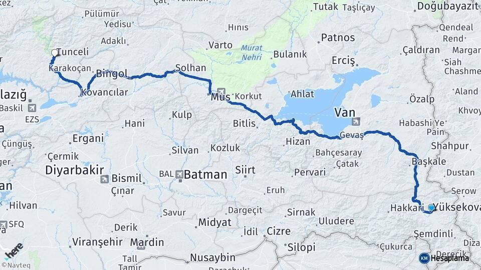 Hakkari Yüksekova Tunceli Arası Kaç Km - Yol Haritası