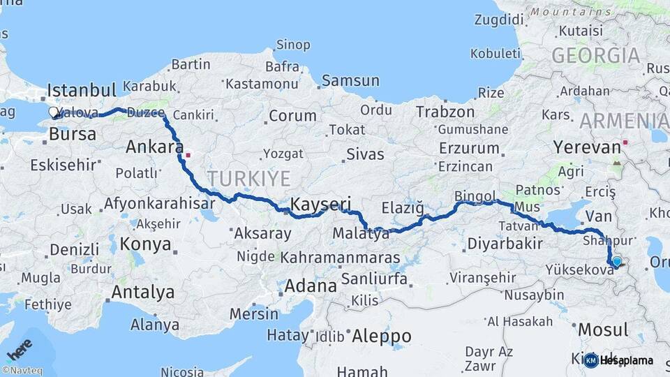 Hakkari Yüksekova Yalova Arası Kaç Km - Yol Haritası