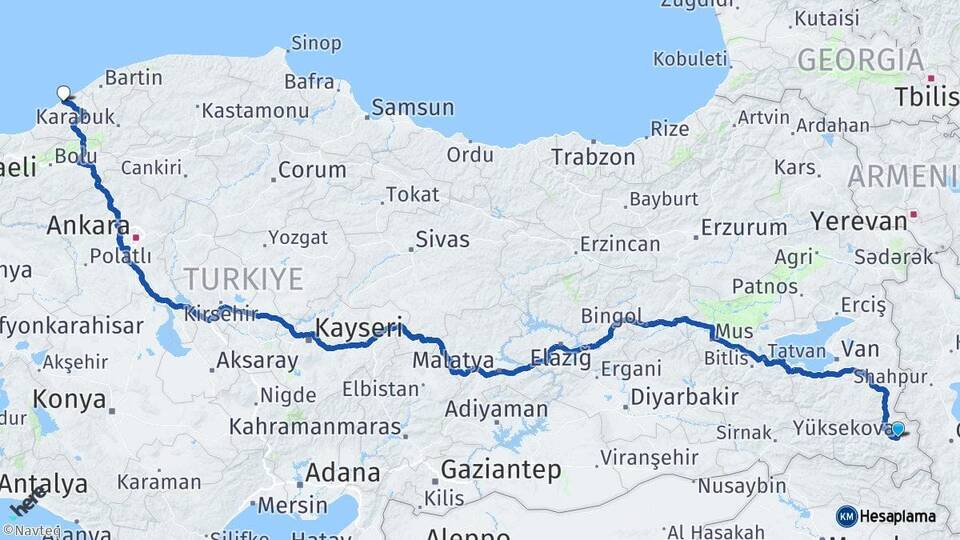 Hakkari Yüksekova Zonguldak Arası Kaç Km - Yol Haritası